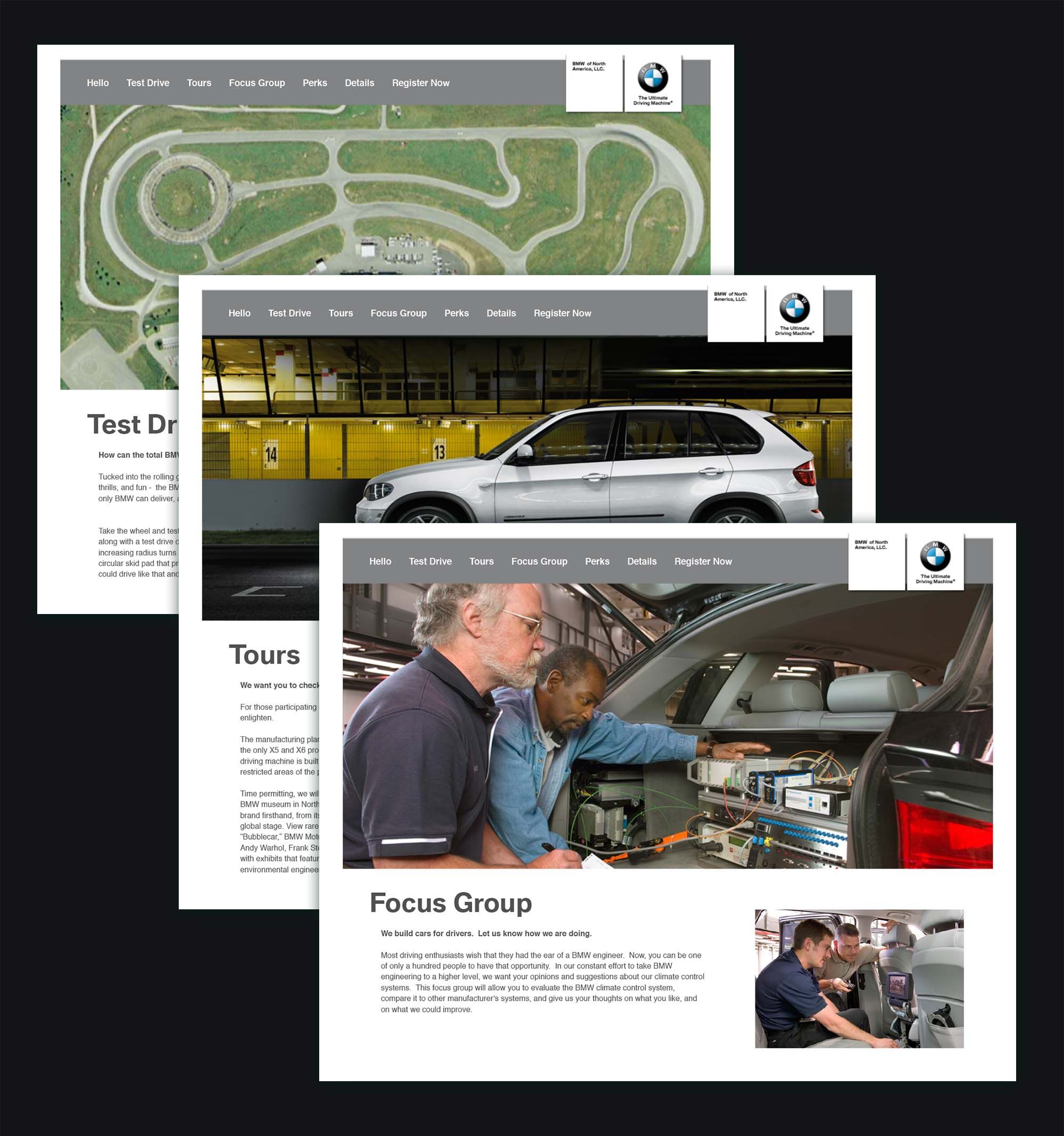 Screenshots from the BMW Cool Down Focus Group Microsite