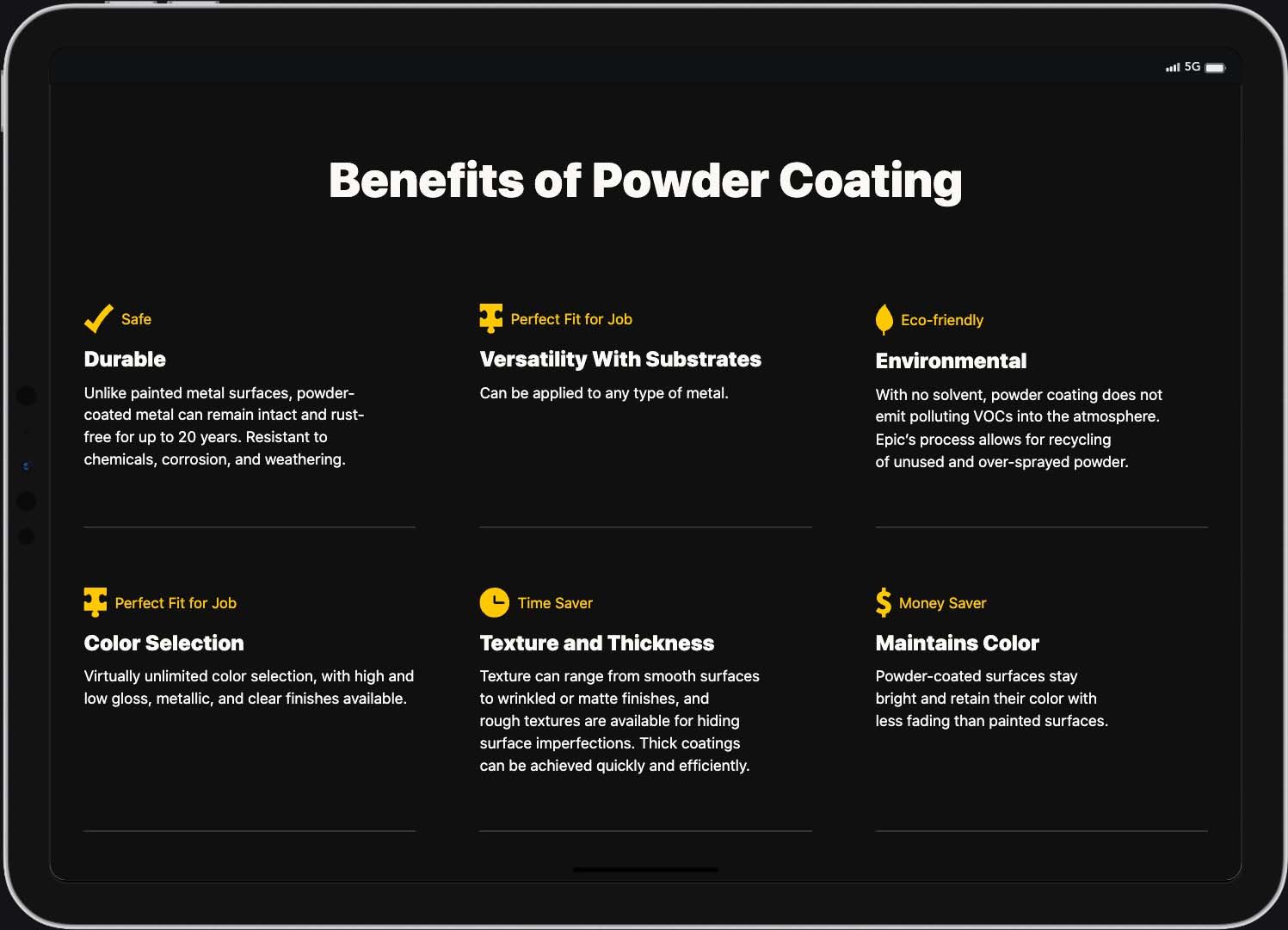 Epic Coatings and Blast Website Benefits of Powder Coating Section